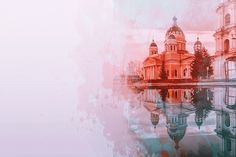 an artistic photo of a building and its reflection in the water, with pink hues