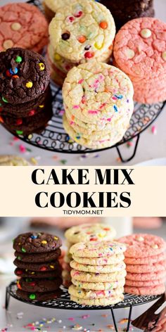 the cake mix cookies are stacked on top of each other