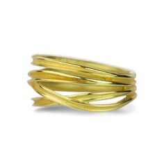 Wrap yourself in the warmth and luxury of 18k yellow gold. Barbara Heinrich’s ribbons swathe your finger in bands that become a very part of you, transitioning seamlessly from everyday to evening with grace. This four wrap ring features a lovely, airy feel and meticulous textural detail. Band width tapers from 10.1mm to 5.2mm. Size 7.25. Handcrafted in Rochester, NY, U.S. Modern Twist Yellow Gold Bypass Ring, Modern Twist Yellow Gold Stackable Rings With Polished Finish, Modern Twist Yellow Gold Bands As Gift, Modern Twist Yellow Gold Stackable Rings With Open Band, Gold Rings With Modern Twist And Wide Band, Yellow Gold Double Band Gift, Yellow Gold Double Band As Gift, Ribbon Ring, All Band