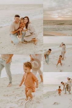 a family playing on the beach at sunset