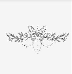 a line drawing of a butterfly with flowers and leaves on it's head,