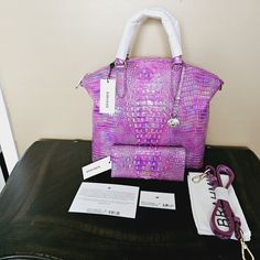 The Camera Doesn't Truly Capture The Bold Design Of This Set! This Set Features Vibrant Shades Of Pink, Purple, Blue, Green, And Yellow In An Ombre Pattern. This Eye-Catching Set Is Sure To Turn Heads! This Limited Edition Of Brahmin Will Soon Be Unavailable To Purchase Online And In Stores As The Wallet Has Already Soldout Online. Includes Registration Card, Brahmin Card, Detachable Strap, And Dust Bag As Pictured. Comes From A Smoke/Pet Free Home. Be The First To Add This Gorgeous Set To Your Dark Brown Ombre, Brahmin Purses, Crocodile Handbags, Ombre Pattern, Brahmin Bags, Leather Satchel Handbags, Pink Purple Blue, Business Bag, Genuine Leather Bags