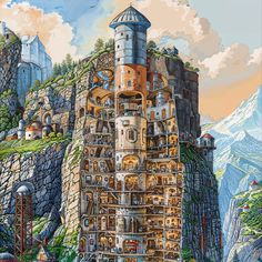 a painting of a castle built into the side of a mountain with mountains in the background