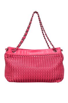 Add a pop of color to your outfit with this hot pink woven leather shoulder bag from Chanel. The silver woven chain adds a touch of elegance, making it the perfect Barbie dream bag. Say goodbye to boring purses and hello to fashion-forward fun! Made in Italy 100% Leather Fabric lining Magnetic button top closure One interior zipper pocket Date code: 988092 Minor wear on lining Height 8.75" Width 11.5" Depth 4.75" Handle drop 10" Pink Woven Leather Bag, Luxury Pink Shoulder Bag With Intrecciato Weave, Pink Woven Leather Tote Shoulder Bag, Pink Rectangular Woven Leather Shoulder Bag, Chic Pink Woven Leather Shoulder Bag, Pink Tote Bag With Woven Leather, Pink Woven Leather Tote Bag, Chic Pink Woven Leather Bags, Dream Bag