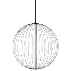 a large metal ball hanging from a black wire light fixture on a white background,