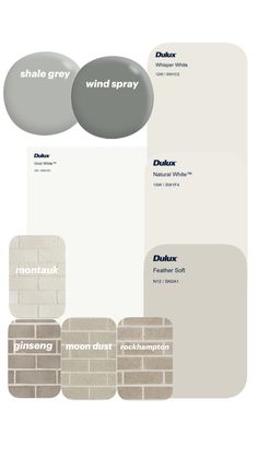 some white and grey paint colors with different names on them, including the words dulux