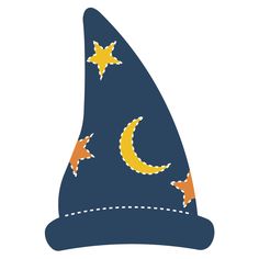 a wizard's hat with stars and crescents on the side, in blue