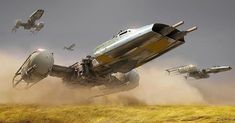 an image of a star wars scene in the desert with vehicles and planes flying overhead