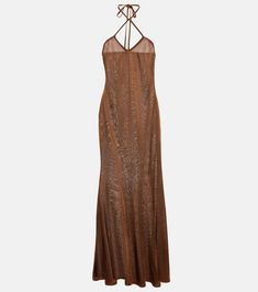 Halterneck jersey maxi dress in metallic - Tom Ford | Mytheresa Viscose Halter Neck Maxi Dress, Chic Brown Floor-length Dresses, Sleeveless Viscose Maxi Dress For Evening, Elegant Brown Halter Neck Dress, Evening Floor-length Viscose Dress, Floor-length Viscose Evening Dress, Elegant Halter Neck Viscose Dress, Chic Evening Maxi Dress In Viscose, Sleeveless Viscose Maxi Dress For Party