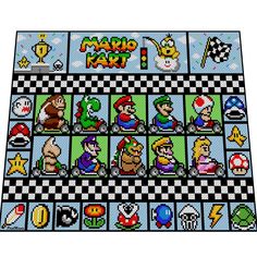 the mario kart game is shown in this pixellated image, with many characters on it