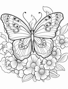 a butterfly with flowers and leaves on it's wings is shown in black and white