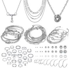 PRICES MAY VARY. [AFFORDABLE JEWELRY SET]: Well-chosen fashion elegant cute silver jewelry set, 3pcs necklaces, 14pcs bracelets and bangles, 23pcs knuckle rings, 20 pairs stud and dangle earring, Exquisite Appearance,enough styles and quantities to meet your matching needs. [EXQUISITE WORKMANSHIP]: Made of high quality alloy, stable and strong, reliable, not easy to break, rust or fade, smooth surface, mini delicate, Hypoallergenic and no harm to your body. [EASY MATCH] : The set has various sty Silver Jewelry Set, Valentine Anniversary, Ear Cuff Earings, Girls Valentines, Silver Jewellery Sets, Knuckle Rings, Silver Plated Jewelry, Affordable Jewelry, Friendship Gifts