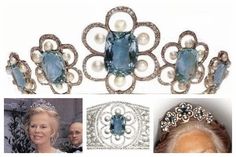 an image of a tiara with pearls and blue stones on the front, along with photos of other tiaras