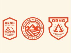 three logos for outdoor recreation and nature groups, including an orange badge with the words orng on it