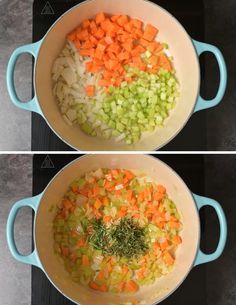 two pictures showing the process of cooking vegetables in a large pot on the stove top