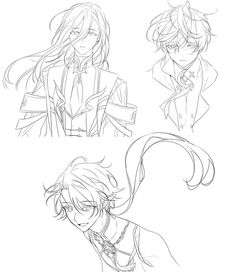 three anime character sketches, one with long hair and the other with short hair