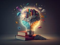 a light bulb with books floating out of it's center surrounded by other objects