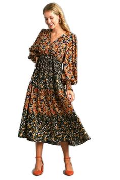 umgee usa mixed print midi dress Fall Midi Dress, Fall Midi, Midi Dress Long Sleeve, Curved Hem Shirt, Bohemian Dresses, Umgee Dress, Flannel Tops, Floral Print Midi Dress, Print Midi Dress