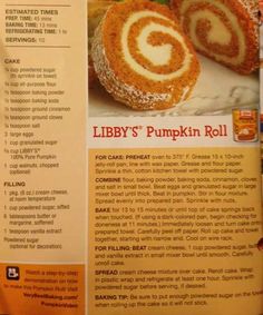 a recipe book with an image of a pumpkin roll in the center and instructions on how to make it