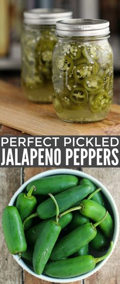 jars filled with pickled jalapeno peppers sitting on top of a wooden table