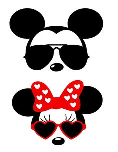 mickey and minnie mouse face with hearts on their ears, one wearing sunglasses while the other wears