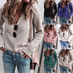 Autumn/winter Sweater Women's Fashion V-neck Knitted Top Cross-border Women's Wear Cropped Sweater Pullover Knitted V-neck Sweater For Winter, Winter V-neck Sweater, Solid Color Sweater, Knitted Tops, Knitted Top, Loose Sweater, Sweater Women, Lady V, Fall Sweaters