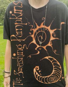 Diy smashing pumpkins merch I made myself, sun and moon design bleach painted Smashing Pumpkins Shirt, Diy Clothes Bleach, Thrift Flip Ideas, Sun And Moon Design, Bleach Dye Shirts, The Smashing Pumpkins