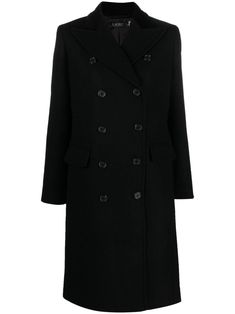 jet black wool blend contrasting peak lapels long sleeves two side flap pockets central rear vent straight hem full lining double-breasted button fastening Elegant Double-breasted Pea Coat With Black Horn Buttons, Formal Black Pea Coat With Double Button Closure, Black Luxury Long Pea Coat, Luxury Black Long Pea Coat, Business Black Double-breasted Pea Coat, Black Winter Pea Coat With Horn Buttons, Classic Black Wool Coat With Double-breasted Buttons, Black Double-breasted Wool Coat, Black Double-breasted Long Coat