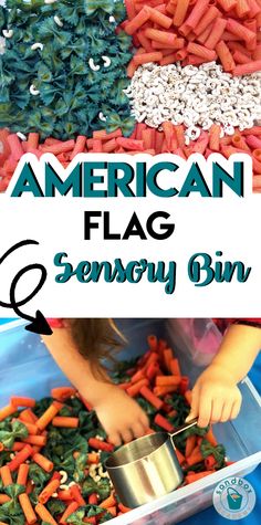 the american flag is shown with carrots and spinach in it, as well as a child's hands scooping them into a container