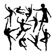 the silhouettes of ballet dancers are shown in various poses and positions, with one dancer jumping