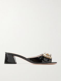 Roger Vivier's 'Bikiviv' mules have a chic but modest block heel that'll feel comfortable for hours. They're made from glossy patent-leather with a signature crystal-embellished buckle at the strap. Shoe Closets, Roger Vivier Shoes, A Signature, Roger Vivier, Leather Slides, Leather Mules, Womens Clogs, Metallic Leather, Black Patent Leather