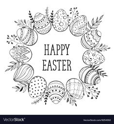 black and white happy easter card with an egg in the center, surrounded by other eggs