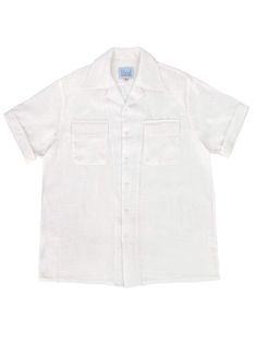 "Based on original photographs and patterns from the 1940s and 1950s, we offer this pure cotton leisure shirt for warmer weather and more casual occasions. This white leisure shirt is an authentic relaxed, open-neck day shirt for those who wish to emulate the fashion of the forties and fifties. Loop and button decor. The fabric is 100% quality cotton. Two patch chest pockets with flaps that have rounded edges. There is a yoke stitched across the back shoulders. The short sleeves have a stitched White Camp Shirt With Pockets And Camp Collar, White Linen Camp Shirt With Pockets, Classic Linen Shirt With Johnny Collar, White Linen Johnny Collar Shirt, White Johnny Collar Tops With Pockets, White Camp Shirt With Spread Collar And Button Closure, White Camp Shirt With Spread Collar, White Short Sleeve Shirt With Camp Collar And Pockets, White Short Sleeve Shirt With Pockets And Camp Collar