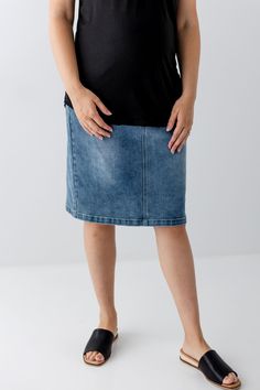 Bring the vintage look & feel of your favorite denim skirt into pregnancy! The 'Everlee' Maternity Denim Skirt has a full over-the-belly band for ultimate support and comfort for pregnancy and beyond. Versatile and on trend, wear this maternity denim skirt for work, the weekend, or wherever your day takes you. The medium wash provides endless styling options for your maternity wardrobe. Exclusively designed with you in mind! 97% Cotton, 3% Spandex Machine Wash Cold Gentle Cycle Do Not Bleach Tum Denim Maternity Wear Bottoms, Maternity Denim Bottoms Bump Friendly, Casual Maternity Denim Bottoms, Maternity Denim Bottoms In Medium Wash, Maternity Wear Medium Wash Denim Bottoms, Spring Maternity Denim Bottoms, Maternity Denim Skirt, 26 Weeks Pregnant, Skirt For Work