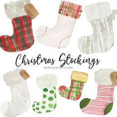 christmas stockings with different designs on them and the words, christmas stockings written in black