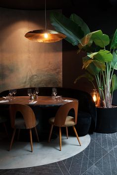 a round table with four chairs and a potted plant in the corner next to it