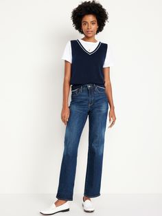 high waisted button waist belt loops zip fly front scoop pockets back patch pockets sits at belly button snug hip and thigh hits below ankle 30 1/2" regular inseam 28 1/2" petite inseam 33 1/2" tall inseam models are approx.  5'9" and wear sizes s (4), l (12), and xl (18)machine wash according to the care instruction label spandex 1% recycled cotton 5% cotton 94% Smart Casual Jeans, Inspired Clothes, Graduation Picture, Navy Outfit, Teacher Outfit, Style Finder, Loose Jeans, Fashion 2024, Winter Fits