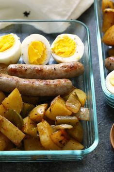 sausage, eggs and potatoes in a glass dish