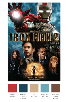 the poster for iron man 2 is shown in red, white and blue colors with black accents