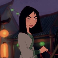 an animated woman with long black hair standing in front of a chinese building at night