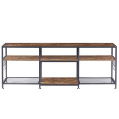 the sideboard is made out of metal and wood, with two shelves on each side