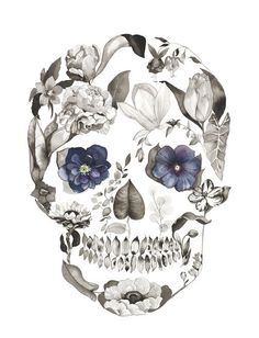 a drawing of a skull with flowers on it