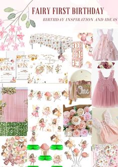 a collage of pink and green items with the words fairy first birthday