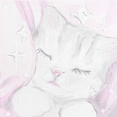 a drawing of a white cat sleeping on top of a pink blanket with stars around it