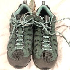 Brand New Hiking Boots - Teal And Gray Green Low-top Walking Boots, Green Lace-up Walking Boots, Low-top Hiking Boots For Walking, Casual Green Hiking Boots For Walking, Outdoor Lace-up Sneakers With Reinforced Heel, Teal And Grey, Hiking Shoes, Hiking Boots, Athletic Shoes