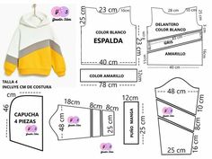 the sewing pattern for a hoodie is shown in yellow and grey, with an image of