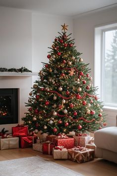 a decorated christmas tree with presents under it