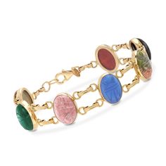 Ross-Simons - Multi-Stone Scarab Bracelet in 14kt Yellow Gold. 8". Ancient symbols enter the modern age with a fashionable approach! 14x10mm scarab cabochons of carnelian, blue chalcedony, green chalcedony and black onyx, unakite, tiger's eye and pink rhodonite decorate double links of 14kt yellow gold. Lobster clasp, multi-stone scarab bracelet. Collectible Gold Bracelets With Cabochon, Antique Gold Bracelets With Cabochon, Scarab Beetle Egyptian Jewelry, Scarab Necklace, Scarab Bracelet Vintage, Scarab Bracelet, Pink Rhodonite, Green Chalcedony, Ancient Symbols