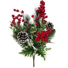 a bouquet of red berries and pine cones