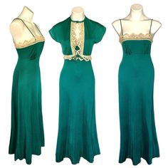 Absolutely Amazing True Authentic Vintage Maxi Dress And Coordinated Cropped Shrug. Labels Have Been Cut, Best For S, Please Check Measurements. Victorian, Renaissance, Romantic Vibes, Fit For A Museum Exhibition. Deep Rich Green Maxi Dress With Matching Short Shrug Or Bolero Gorgeous Intricate Floral Crochet Trim On Dress & Shrug Dress With Skinny Shoulder Straps, Back Zipper, Hook & Eye Closure Empire Waist With Pleated Details, Unlined Sleeveless Shrug With Neck Button & Whimsical Front Tie Closure Most Likely Polyester/Nylon Blend (No Tag), It Has Some Stretch And Semi-Satin Sheen 15.5” Pit-Pit, Empire Waist 13.5”, 56” Length, Shrug 14” Length In Great Preloved Condition :: V Sleeveless Shrug, Short Shrug, Shrug Dress, Unique Maxi Dresses, Dress Shrug, 1930 Fashion, Cropped Shrug, Romantic Vibes, Shrug For Dresses